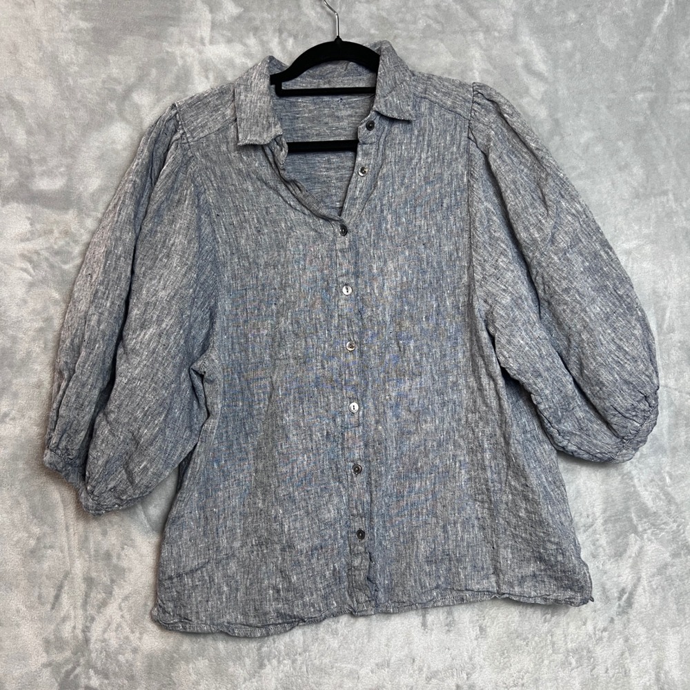 Women 100% Linen Blouse Puff Sleeve Button Down  Blue Grey Heathered Top